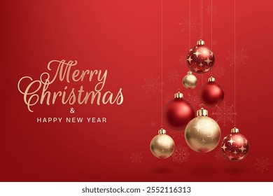 A 3D illustration of merry Christmas glass balls shaped like a tree, featuring shiny red and gold baubles. Perfect festive decoration for New Year, winter celebrations, and greeting cards. Not AI.