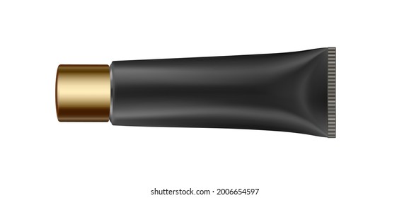 3d illustration of metallic black tube. Ointment or salve. Lotion, scrub or cream tube. Toothpaste. Vector mockup. Gold cap. Cosmetic mask	