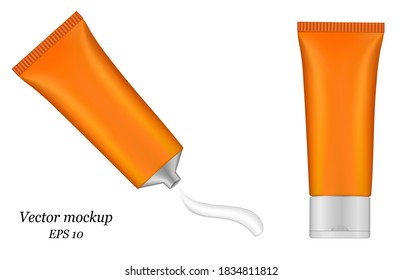 3d illustration of metallic orange tube. Ointment. Salve. Glue tube. Cream smear. Vector mockup. Sunscreen bottle