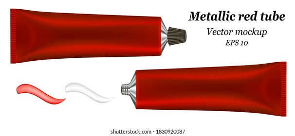 3d illustration of metallic red tube. Ointment. Salve. Glue tube. Oil or acrylic paint smear. Vector mockup.