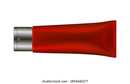 3d illustration of metallic red tube. Ointment or salve. Lotion, scrub or cream tube. Toothpaste. Vector mockup. Black cap. Cosmetic mask