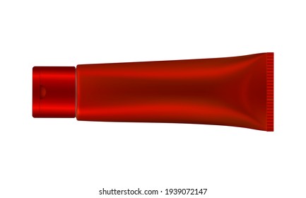 3d illustration of metallic red tube. Ointment or salve. Lotion, scrub or cream tube. Toothpaste. Vector mockup. Black cap. Cosmetic mask