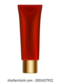 3d illustration of metallic red tube. Ointment or salve. Lotion, scrub or cream tube. Toothpaste. Vector mockup. Gold cap. Cosmetic mask	