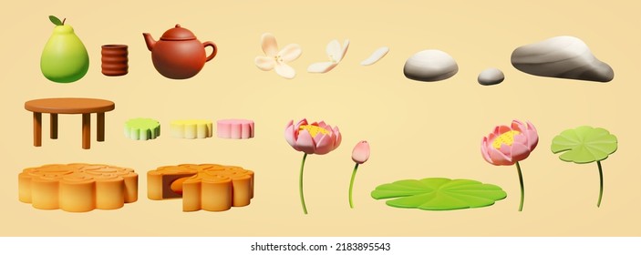 3D Illustration of Mid Autumn element set. Including pomelo, Chinese tea set, osmanthus, rocks, mooncakes and lotus flowers and leaves.