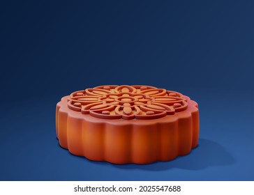 3d illustration of Mid Autumn mooncake with floral curved pattern. Chinese traditional pastry dessert isolated on blue background.