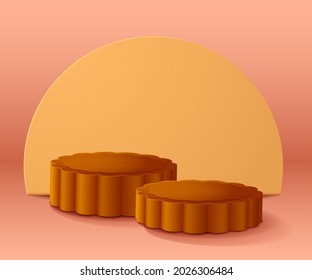 3D illustration of Mid Autumn Mooncake shape podium stage with round blank card isolated on plain background. Wide copy space for design.