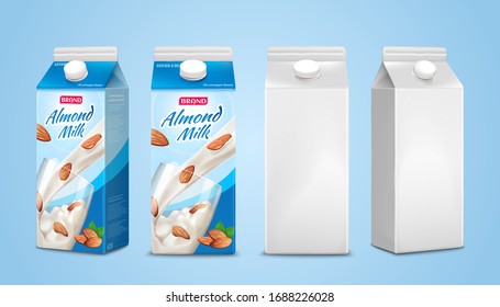 3d illustration milk carton boxes mockup, two with almond milk package design and the others are blank on plain pale blue background - Shutterstock ID 1688226028