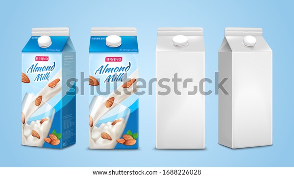 3d illustration milk carton boxes mockup, two\
with almond milk package design and the others are blank on plain\
pale blue background