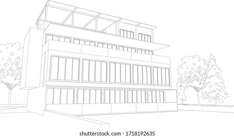 3D illustration of mini hotel building in wireframe - vector perspective