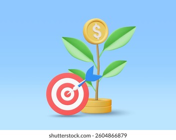 3D Illustration Minimal Vector Icon Goal, Target, Money Tree, and Dollar Coin Concept of Investment Growth and Achievement of Financial Goals, Planning, Wealth, Profit, Saving, Sustainable Investment.