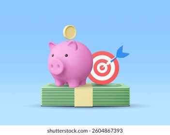 3D Illustration, Minimal Vector Icon of Piggy Bank, Banknotes, Coins, and Goal. Concept of saving money, investment, achieving financial goals, saving, cash savings, goal setting, success.
