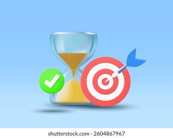 3D Illustration, Minimal Vector Icon Hourglass, Check Mark, and Goal. Time management concept, making the right decisions and achieving financial goals. Success, making good use of time.