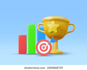 3D Illustration Minimal Vector Icon Goal, Target, Bar Graph, and Trophy. Financial success concept and analysis of results from goal setting, growth, evaluation, achievement, reward.