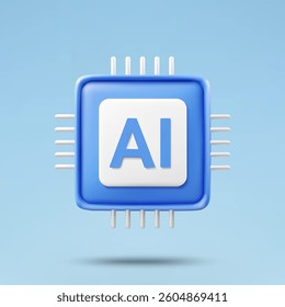 3D Illustration, Minimal, Vector Icon AI Processor, Artificial Intelligence Concept Processing Technology, Machine Learning, For Applications, Smart Software Isolated On Blue Background