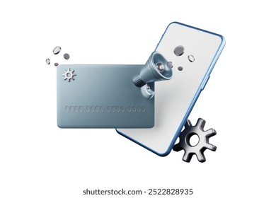 3D illustration of a mobile phone with a blank screen floating in mid-air with credit cards floating in front and a megaphone with coins spreading out. Advertising, online transactions.