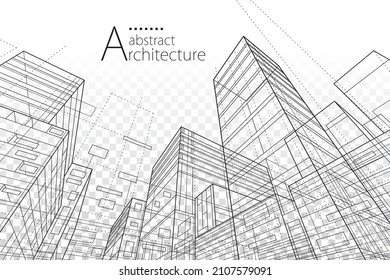 3D illustration modern architecture urban. Architecture building construction perspective line drawing design abstract background.