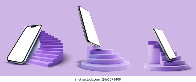 3D illustration of modern smartphones displayed on abstract purple podiums and stairs. Showcases cutting-edge mobile technology, sleek design, and a futuristic aesthetic, perfect for advertising