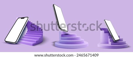 3D illustration of modern smartphones displayed on abstract purple podiums and stairs. Showcases cutting-edge mobile technology, sleek design, and a futuristic aesthetic, perfect for advertising