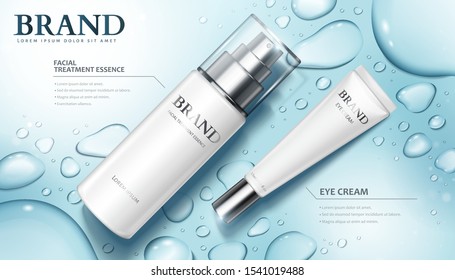 3d Illustration Moisture Skincare Product Ads With Watery Water Drops On Blue Background, Flat Lay