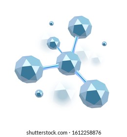 3d illustration of molecule model. Science or medical background with molecules and atoms. Medical background for banner or flyer. Molecular structure with blue icosahedron particles.