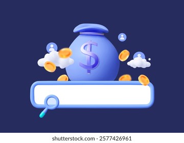 3D illustration money bag with a dollar sign, search bar, and flying coins. Concept of job hunting, income opportunities, and business ideas. For job portals, financial platforms, and career