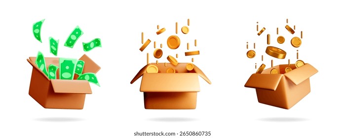 3d illustration of money note and coin falling into cardboard box. Money concept. Economic revenue, finance, and donation.