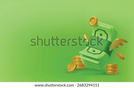 3D illustration of money with wings, representing wealth, financial independence, online payments, and modern digital economy.
