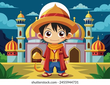 3D illustration of Monkey D Luffy, a pirate in the One Piece series, going to the mosque