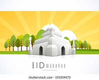 3D-Illustration einer Moschee auf schönem Naturhintergrund zur Feier des muslimischen Gemeindefestivals Eid Mubarak.