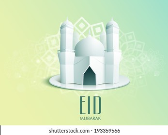 3D illustration of a mosque on floral decorated shiny yellow and green background for celebration of Muslim community festival Eid Mubarak.