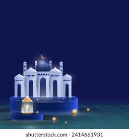 3D Illustration of Mosque Over Podium with Illuminated Lantern, Golden Pearls on Blue Arabic Pattern Background. Can Be Used as Greeting Card for Islamic Festival.