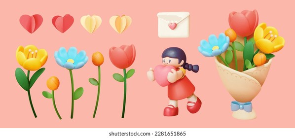 Ilustración 3D del conjunto de elementos del día de la madre. Incluyendo a una chica linda con juguete con forma de amor, flores de tulipán, carta de amor, ramo de flores y guirnaldas de papel en el corazón aisladas en un fondo rosado.