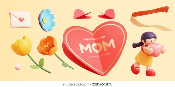 3D illustration of mothers day element set. Including cute girl holding love shape toy, ribbon, tulip flowers, love letter and half fold love shape card isolated on light yellow background.