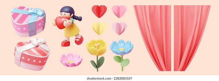 3D illustration of mothers day element set . Including cute girl holding love shape toy, giftbox with ribbon, tulip flowers, paper heart garlands and drawn curtain isolated on light pink background.