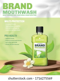 3d illustration of mouthwash ad template, realistic oral rinse mock-up decorated with green tea leaves and flower on round wooden plate