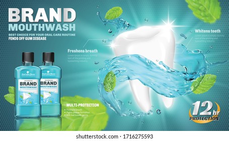 3d illustration of mouthwash ad template, realistic tooth whitened by splashing mouth rinse and freshened by peppermint leaves