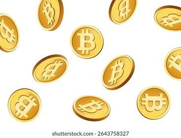 3D illustration of multiple golden Bitcoin coins cascading through the air, symbolizing wealth, investment, and digital currency movement.