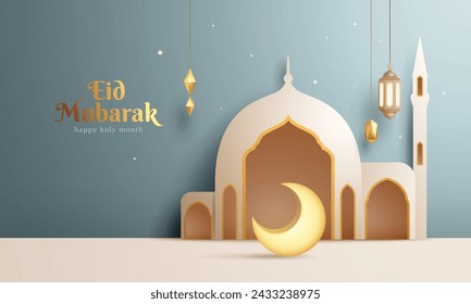 3D illustration of Muslim Islamic festival theme display background with crescent moon, mosque and Islamic decorations.