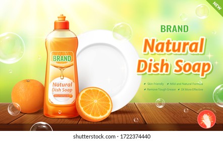 3d illustration natural dish soap ads, product and the white clean plate placing on wooden table, bokeh green nature background