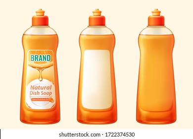 3d illustration natural orange dish soap mockup set, one with designed label and the other with blank label