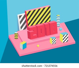 3d Ilustración de las celebraciones de Año Nuevo 2018 con cajas de regalo envueltas.