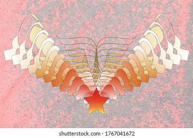 3d illustration of an object similar to a seashell with a star in red, orange and yellow; over a pink and grey background