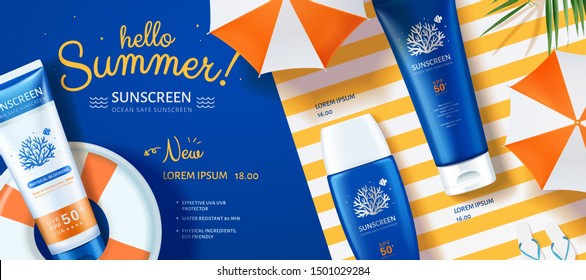 3d illustration Ocean friendly sunscreen laying on lifebuoy and stripe background, lovely sunblock banner ads