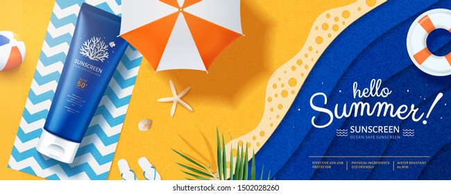 3d illustration Ocean friendly sunscreen laying on paper art beach, lovely sunblock banner ads