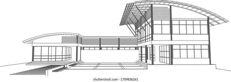 3D illustration of office building in wireframe