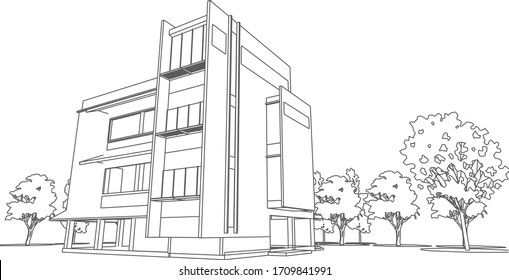 3D illustration of office building in wireframe
