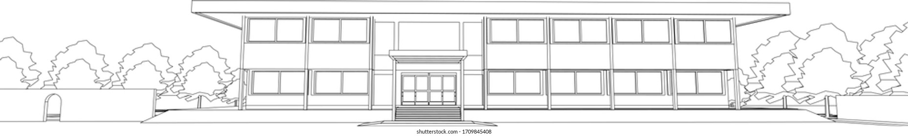 3D illustration of office building in wireframe