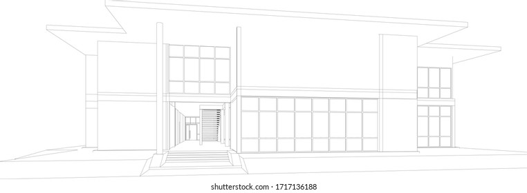 Ilustración 3D del edificio de oficinas en el marco alambrado - perspectiva vectorial
