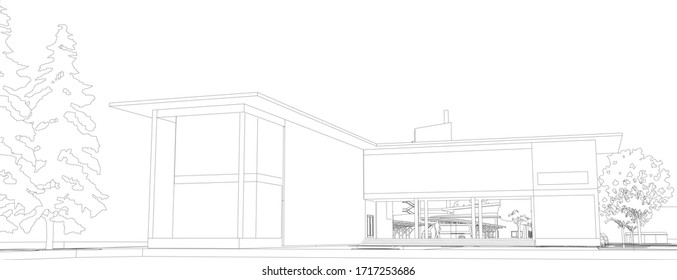 Ilustración 3D del edificio de oficinas en el marco alambrado - perspectiva vectorial