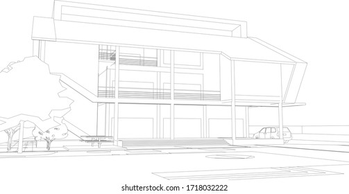 3D illustration of office building in wireframe - vector perspective